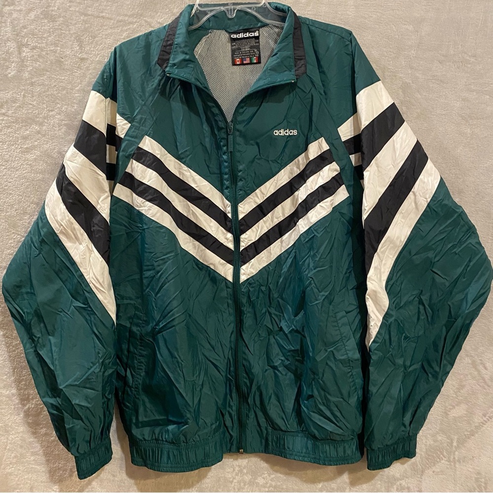 Vintage Adidas Jacket Men’s XL Green Stripes Full Zip 1990’s Track Windbreaker